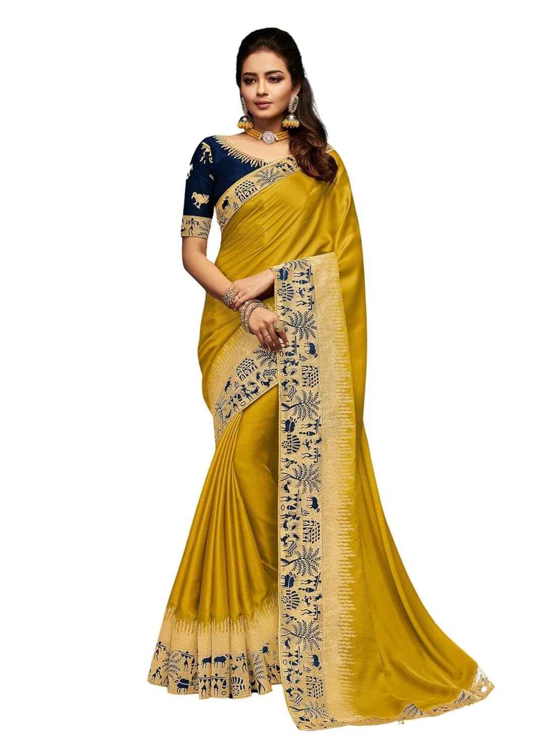yellow saree with navy blue blouse