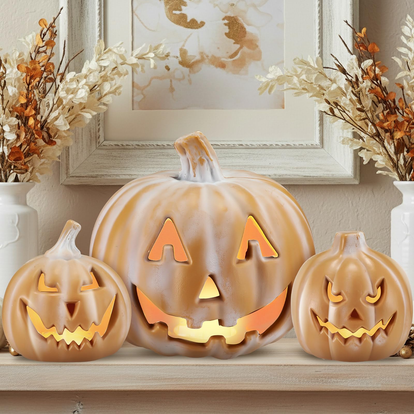 Photo 1 of Beeveer 3 Pcs Large Halloween Light up Pumpkin Fall Home Decorations Plastic Terracotta Pumpkins 5''- 9'' Jack O' Lantern Outdoor Indoor Battery Operated Lighted Pumpkin with Spooky Face