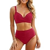 Underwire Bikini Set High Waisted Two Piece Push Up Tummy Control Swimsuit | Molded cups for lifted cleavage, Adjustable shoulder straps, Hook closure, Ruched tummy control bottom