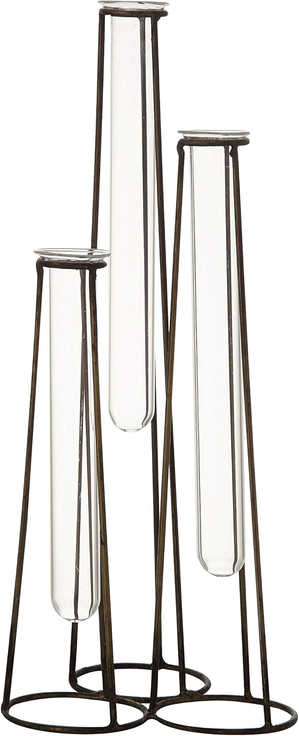 Amazon Com Bloomingville Three Test Tube Bud Vases In Metal Stand Clear Glass Home Kitchen