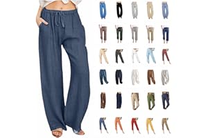 Attine Cotton Linen Pants for Women Summer Trendy High Waist Palazzo Pants Drawstring Casual Wide Leg Trousers with Pockets