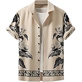 OYOANGLE Men's Floral Print Short Sleeve Button Down Shirts Lapel Collared Beach Vacation Tops