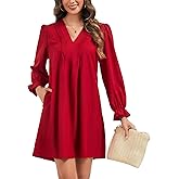Kormei Womens Casual Dress A-Line Ruffle Long Sleeve V Neck Mini Dress 2025 Fashion Pleated Flowy Loose Shirt Dresses
