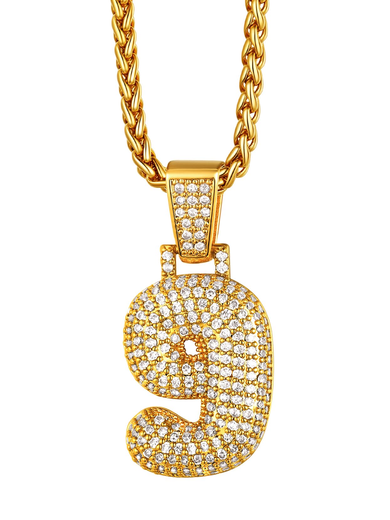 Richsteel Bling Jewellery Number 9 Cubic Zirconia Necklace Mens Pendant Gold Bubble Necklace for Boy Men