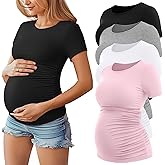 Huukeay 4 Pack Women's Maternity Shirts, Crew Neck Maternity Top Short Sleeve Casual Cotton Tee Side Ruched Pregnancy Clothes