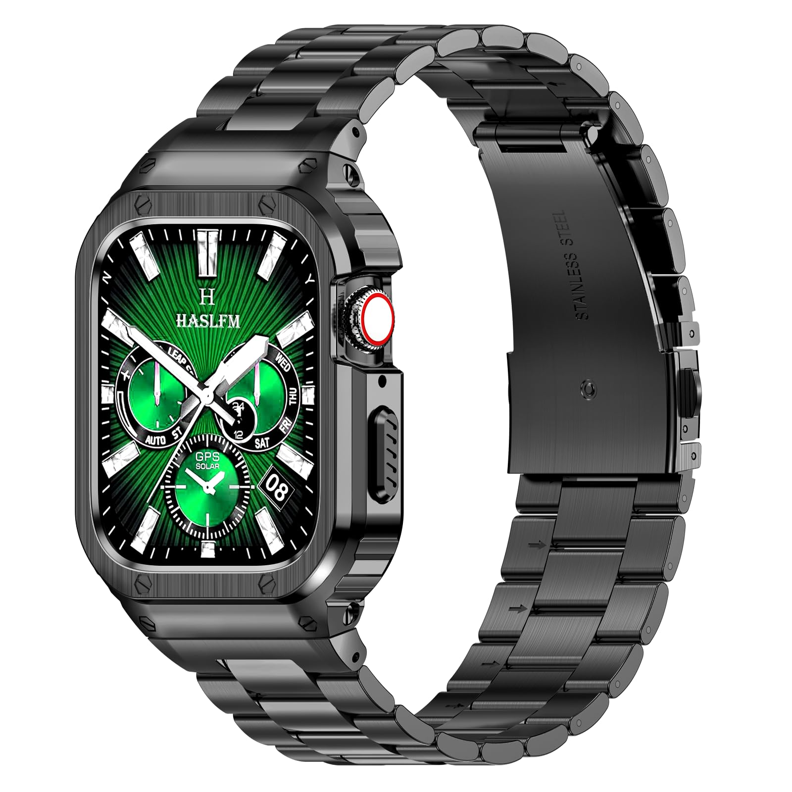 HASLFM Stainless Steel Straps with Case Compatible with Apple Watch 44mm(Series 6/5/4/SE), 42mm(Series 3/2/1) Rugged Metal iWatch Bands and Protective Bumper Cover for Men, Space Grey