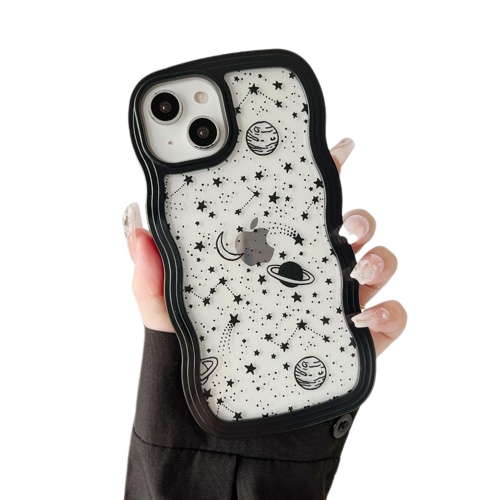 ZTOFERA Wavy Case for iPhone 15 (6.1"), Cute Clear Protective Case with Planet Star Moon Pattern, Hard PC Colored Wave Frame Soft Silicone Bumper Shockproof Cover for Girls Women, Black — image 1