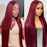 ZHUIGUANGZE Burgundy Straight Lace Front Wigs Human Hair Wine Red Synthetic Human Hair Wig Pre Plucked with Glueless Transparent Lace Frontal Wigs Synthetic Hair for Women (26 Inch)