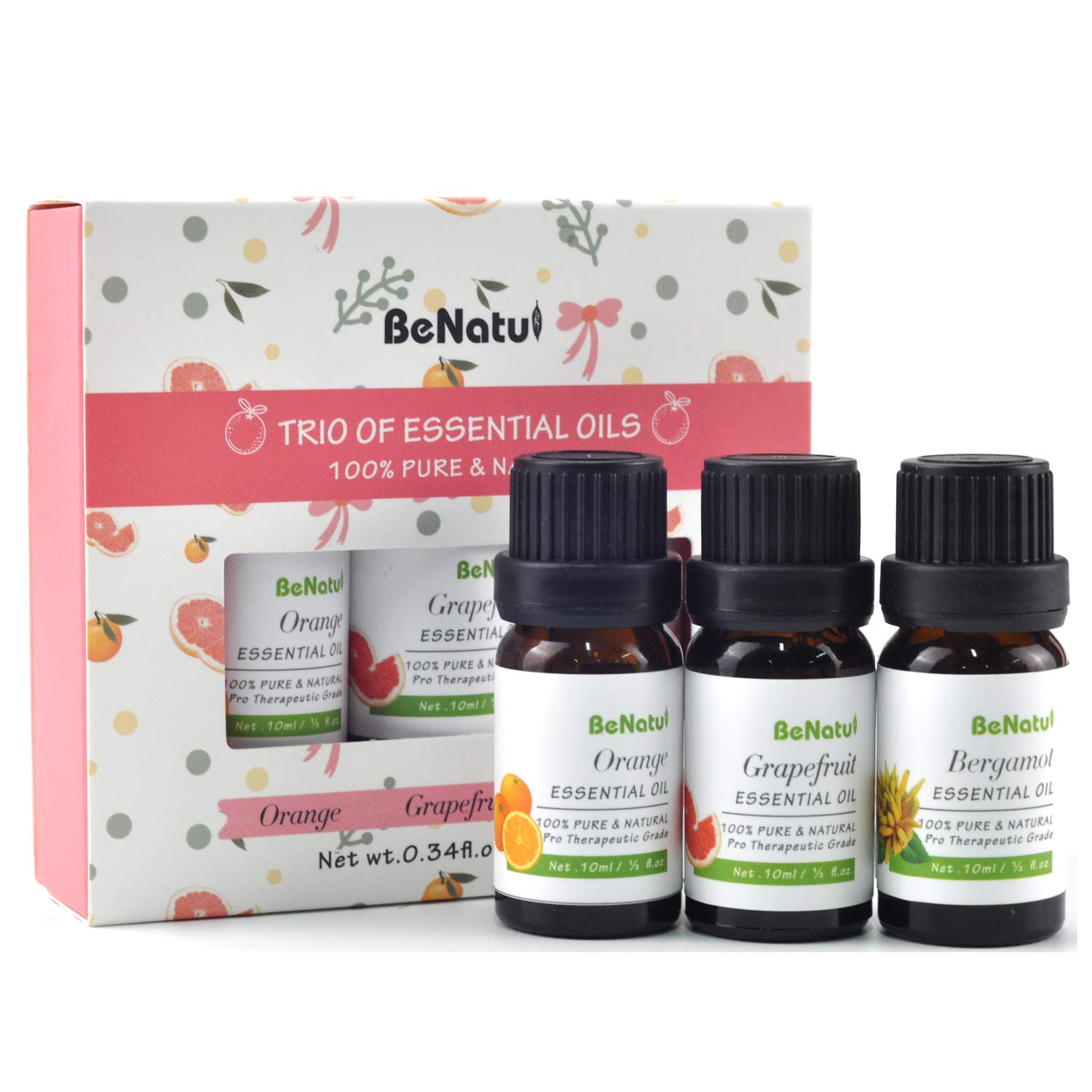 Benatu Essential Oils Set - Sweet Orange, Grapefruit, Bergamot, Pure Citrus Scent Kit for Diffuser, Bath, Anti-Depression 3 Packs