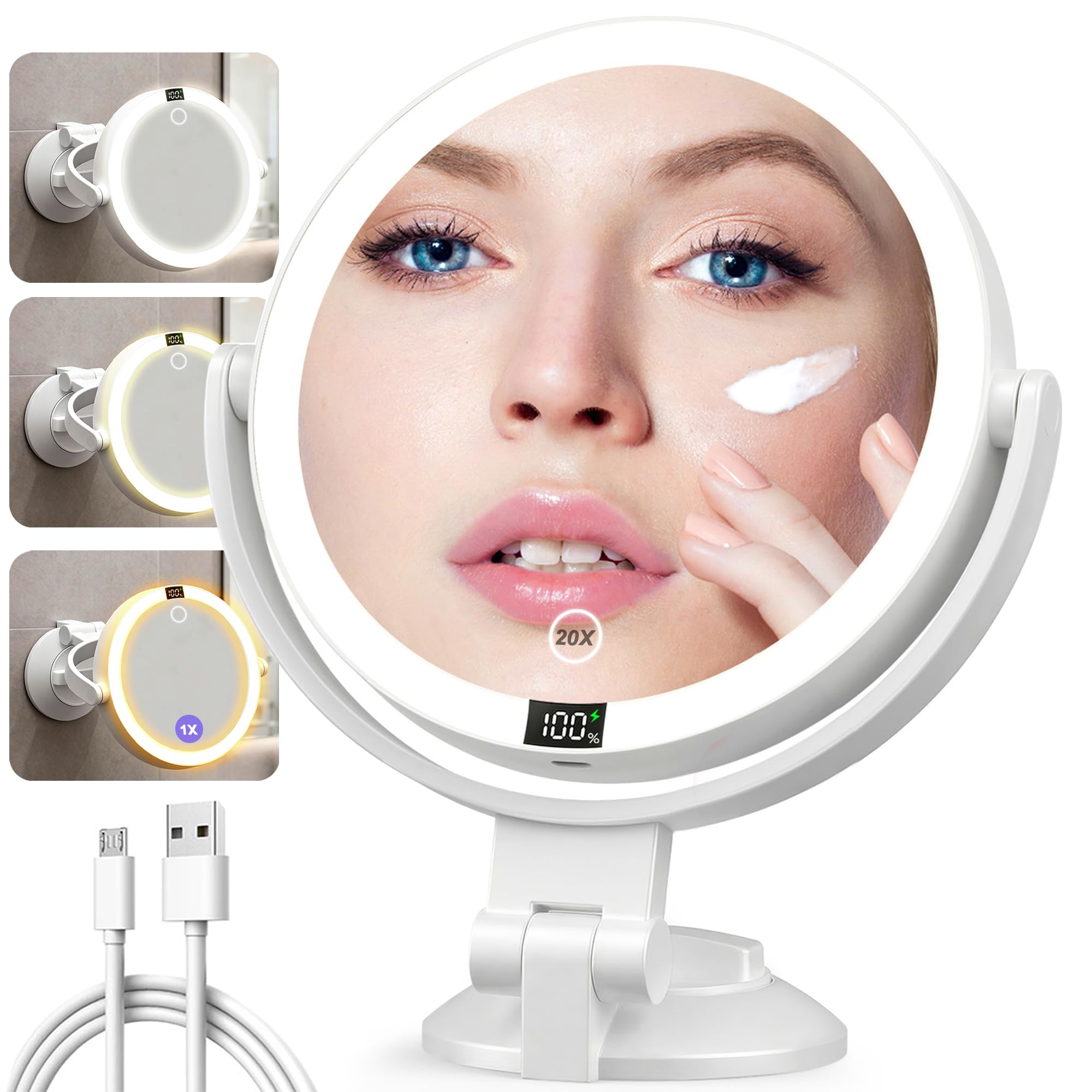 Photo 1 of Shinowa Makeup Mirror with Lights, 20X Wall Mounted Lighted Magnifying Mirror, 2-Sided Vanity Mirror with 3 Color Lights & Brightness Adjustment, 360° Rotation Rechargeable Desk Mirror, Travel Mirror