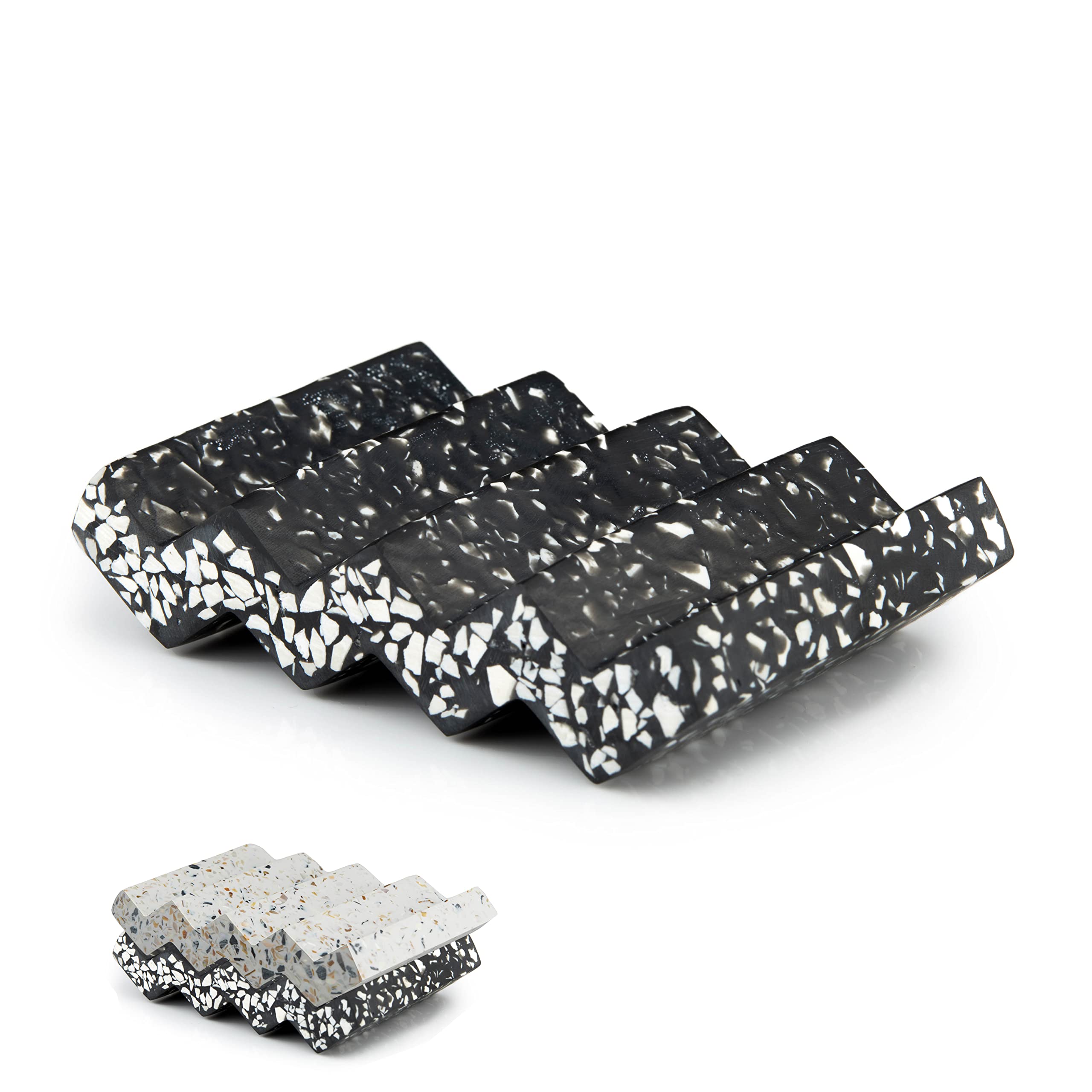 Tapeera Zig Zag Terrazzo Stone Soap Dish for Bathroom Sink - Concrete Soap Saver for Bar Soap Holder for Shower - Sponge Holder - Self Draining Soap Dish Holder - Kitchen Soap Tray (Black)