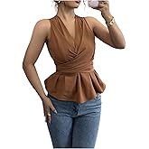 Milumia Women’s Sleeveless Sexy V Neck Ruffle Tops Tie Waist Bow Back Shirt Slim Fit Blouse