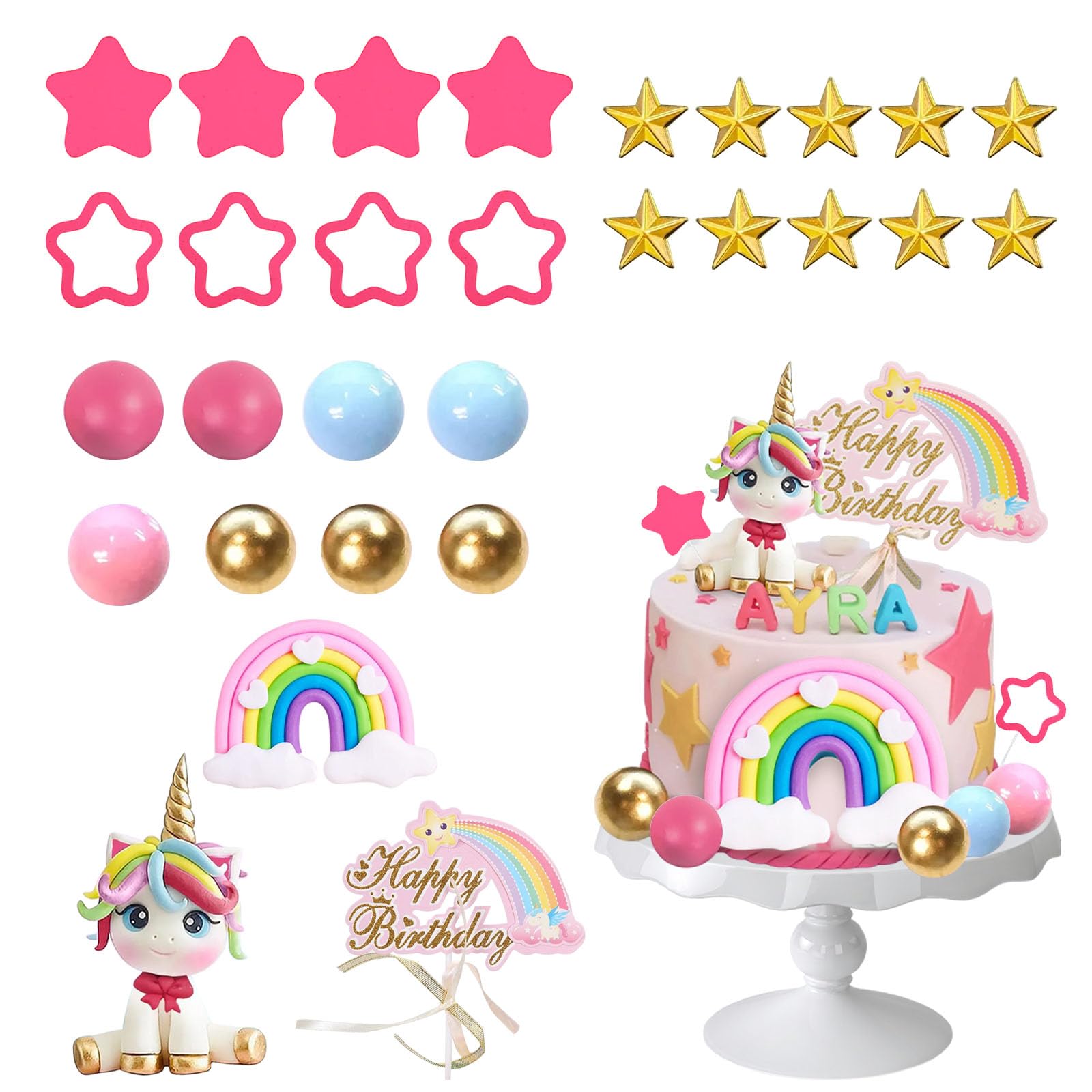 Unicorn Cake Topper, Unicorn Rainbow Cake Decorations, Unicorn Rainbow Pink Arch Cake Decorations with Rainbows Stars, Colorful Ball Cake Topper for Girls Kids Boy Birthday Party