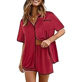 Ekouaer Pajamas Set for Women Short Sleeve Casual Sleepwear Button Down Pj Sets Shorts Soft Loungewear for Summer,S-XXL
