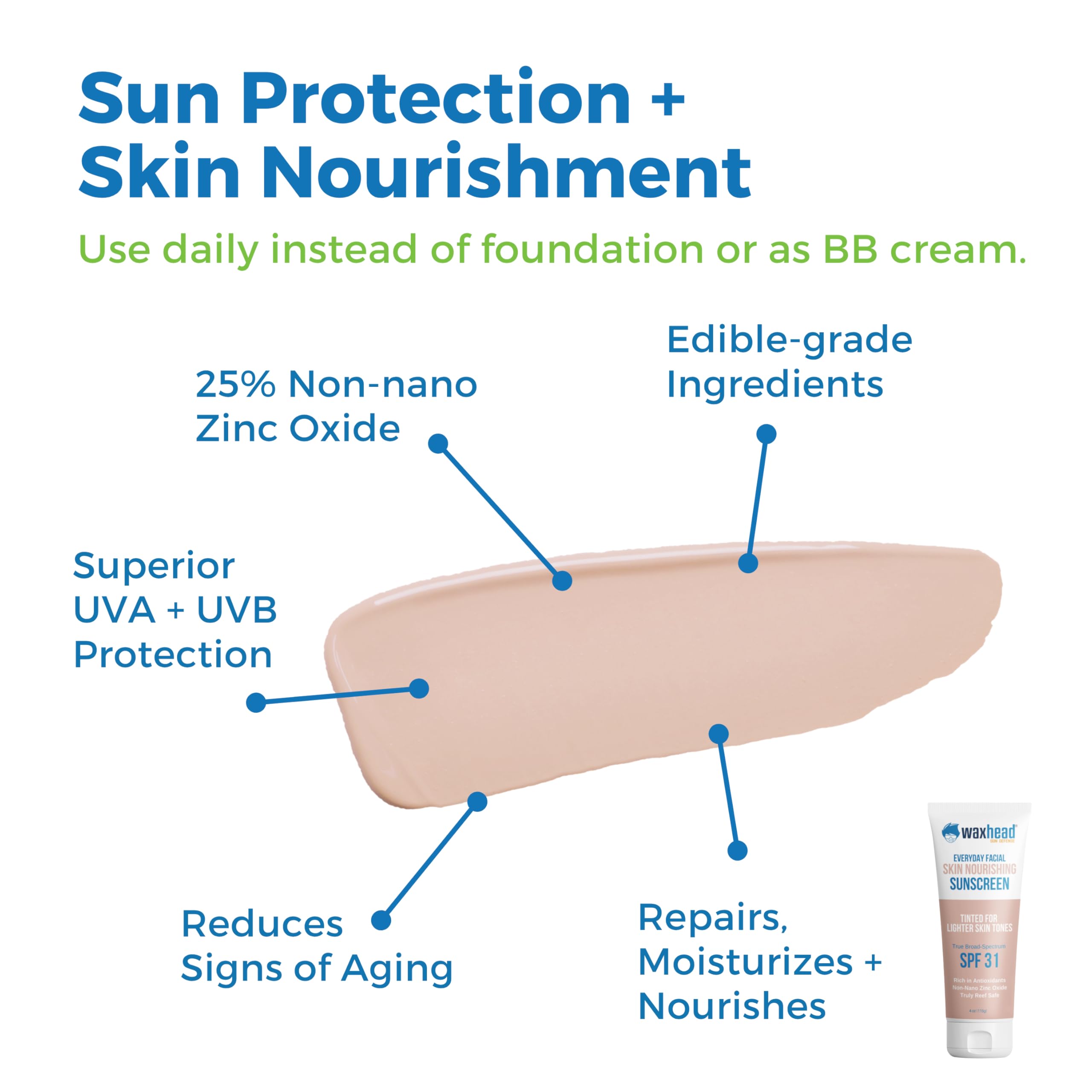 Waxhead Tinted Mineral Sunscreen for Face – Sheer Glow BB Cream Moisturizer with SPF 31, Non-Nano Zinc Oxide, Unscented, Non‑Comedogenic Mineral Facial Sunscreen, Primer under Makeup (Light Tint 4oz)