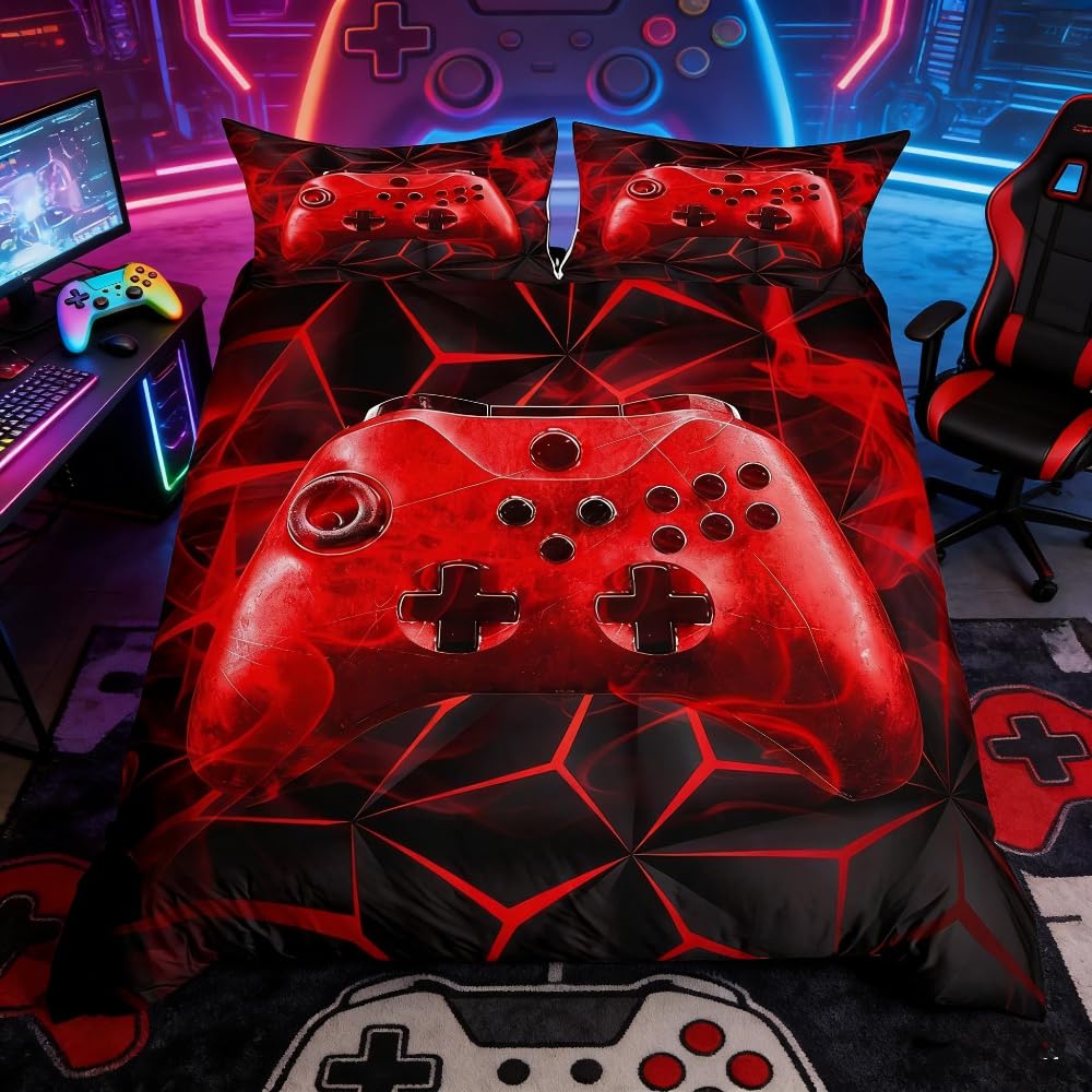 Loussiesd Boys Gaming Comforter Cover King Games Bedding Set Kids Teens Video Game Controller Duvet Cover Gamer Console Action Buttons Bedspread Soft Bright Children Bedroom Decor Zipper Red