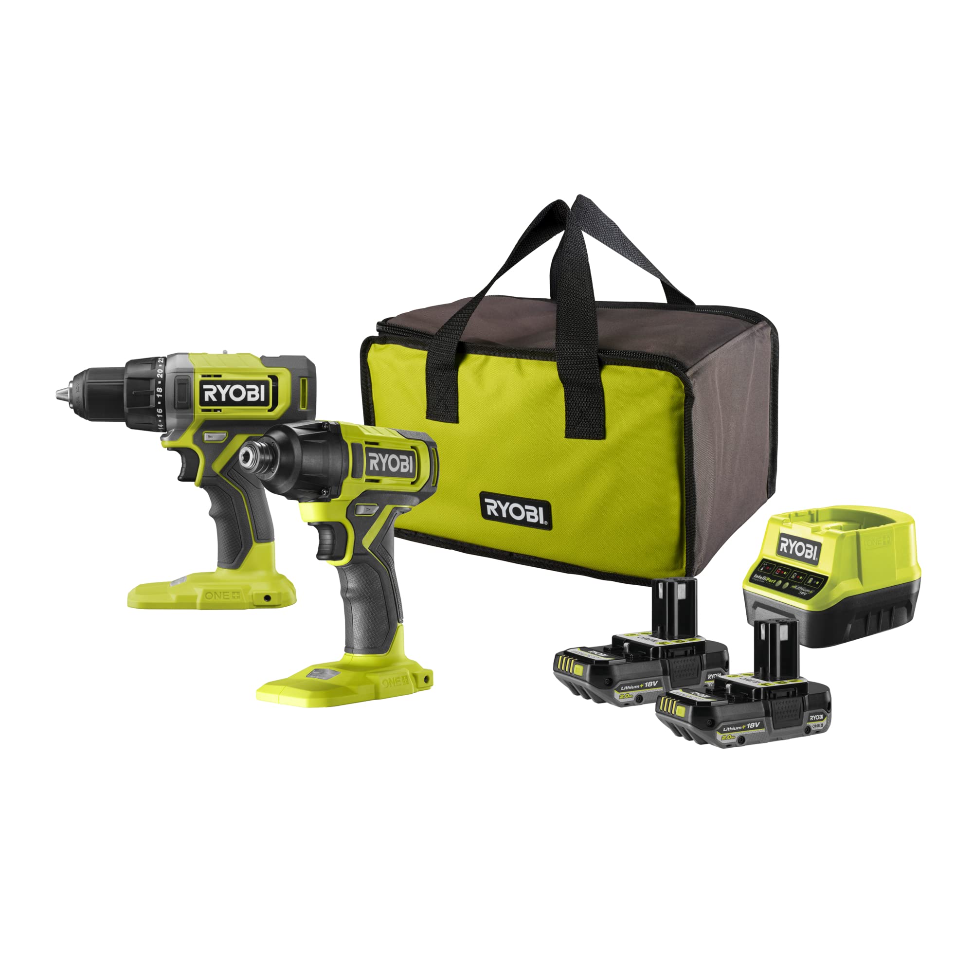 Ryobi - Duo 18V One+ Perceuse + Visseuse à Choc Livrées avec 2 Batteries 2Ah et Son Chargeur, Dans Un Sac De Transport - Rck182G-220S
