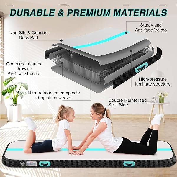 AIR TUMBLE TRACK MAT, 20FT/16FT/13FT/10FT/6.6FT INFLATABLE TUMBLING TRACK MAT FOR GYMNASTICS, 4/8IN THICKNESS GYM MATS FOR HOME USE/TRAINING/CHEERLEADING/YOGA/WATER WITH ELECTRIC PUMP – BLACK & GREEN