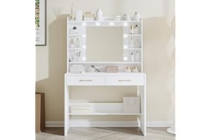 Hzuaneri Vanity Desk with Mirror and Led Light, Adjustable Brightness, Dressing Table with Shelves and 2 Drawers, for Bedroom
