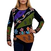 Agan Traders 2025 Winter Rib Knit Cotton Bohemian Tops for Women - Funky Patch Retro Hand Embroidered Blouse T-Shirts