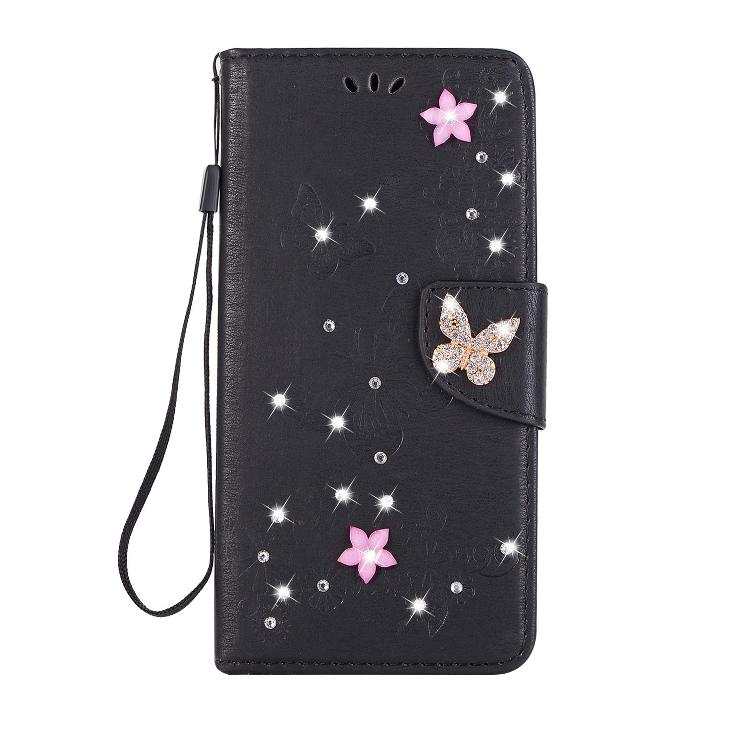 Mo-Somnus For iPhone Xs Case [Free Tempered Glass Screen Protector], Bling Sparkly Diamonds Gems Butterfly Design Wallet,PU Leather Flip Case Cover for iPhone Xs/iPhone X - 5.8" (Black)