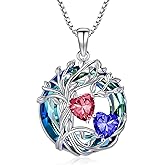 TOUPOP s925 Sterling Silver Family Celtic Tree of Life Pendant Necklaces with 2 Heart Birthstone with Blue Austrian Crystal Jewelry Birthday Valentines Day Gifts for Her, Anniversary Christmas Gifts for Wife Girlfriend Mom (18K Real White Gold Filled)