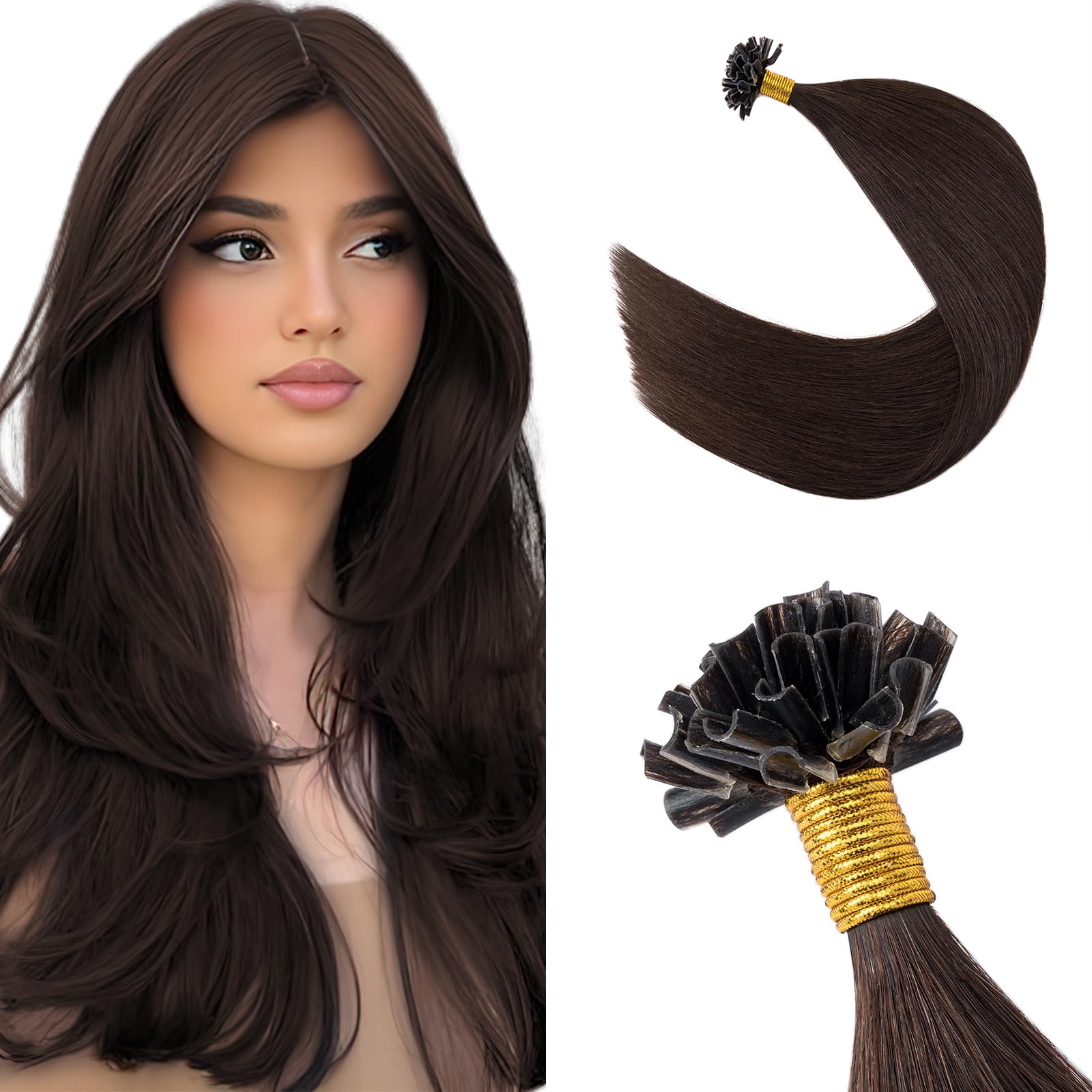 Silk-co U Tip Pre Bonded Hair Extensions Strands Keratin Nail Tip Straight Human Hair Extensions U tip Real Remy Hair 50 Strands Keratin Nail Til 18"-50g #02 Dark Brown — image 1