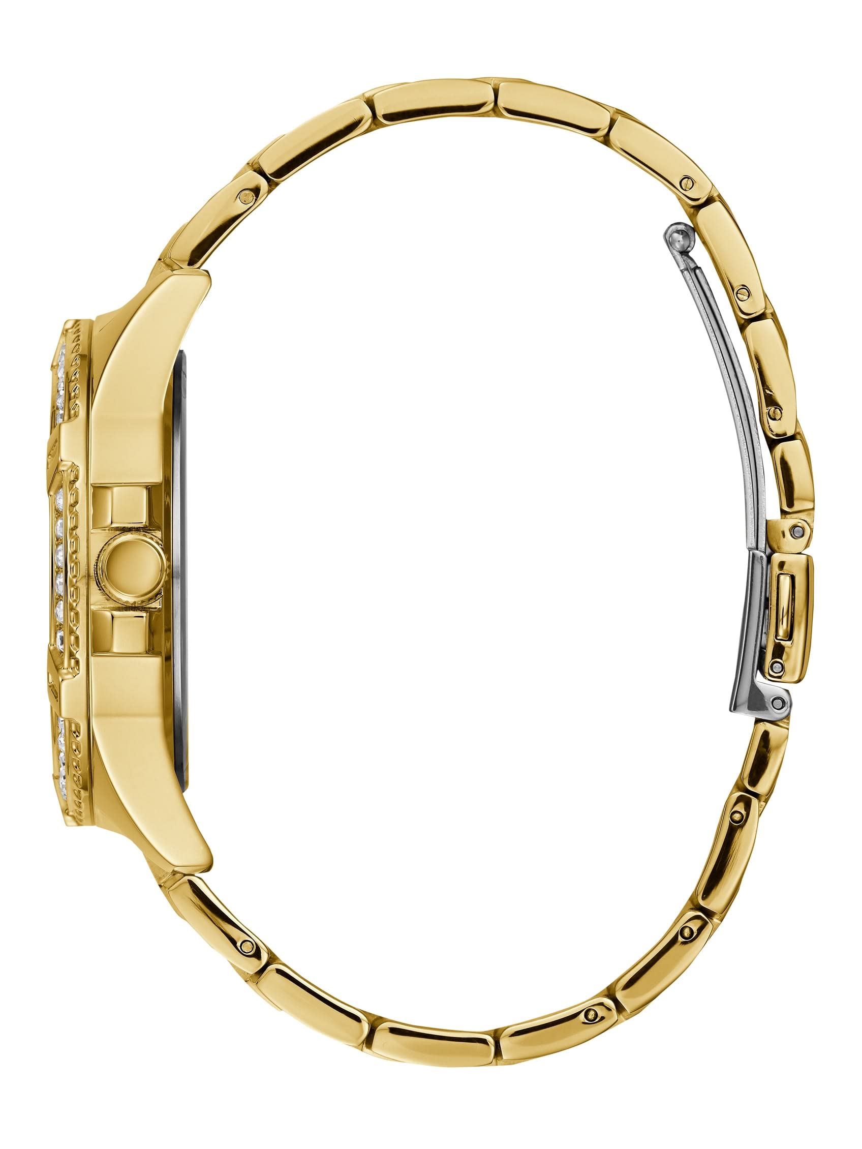 GUESS Gold-Tone Stainless Steel Crystal Watch with Day, Date + 24 Hour Military/Int'l Time. Color: Gold-Tone (Model: U1156L2)