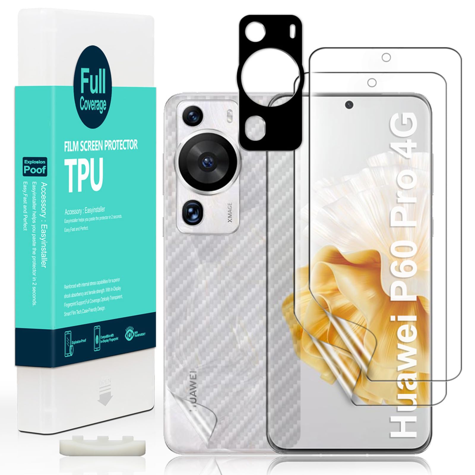 Ibywind Screen Protector For Huawei P60 Pro 4G,with 2Pcs Flexible TPU Film,1Pc Camera Lens Protector,1Pc Backing Carbon Fiber Film [Fingerprint Reader,Easy to install]