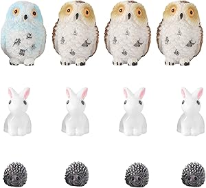 Cabilock 12pcs Mini Resin Animal Ornaments Miniature Owl Hedgehog Rabbit Figurines Fairy Garden Accessories Flower Pots Micro Landscape Decoration Supplies