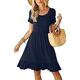 LILBETTER Round Neck Knee Length Dress for Women with Pockets Casual Summer Short Sleeve Pleated Ruffle Hem Short Dress
