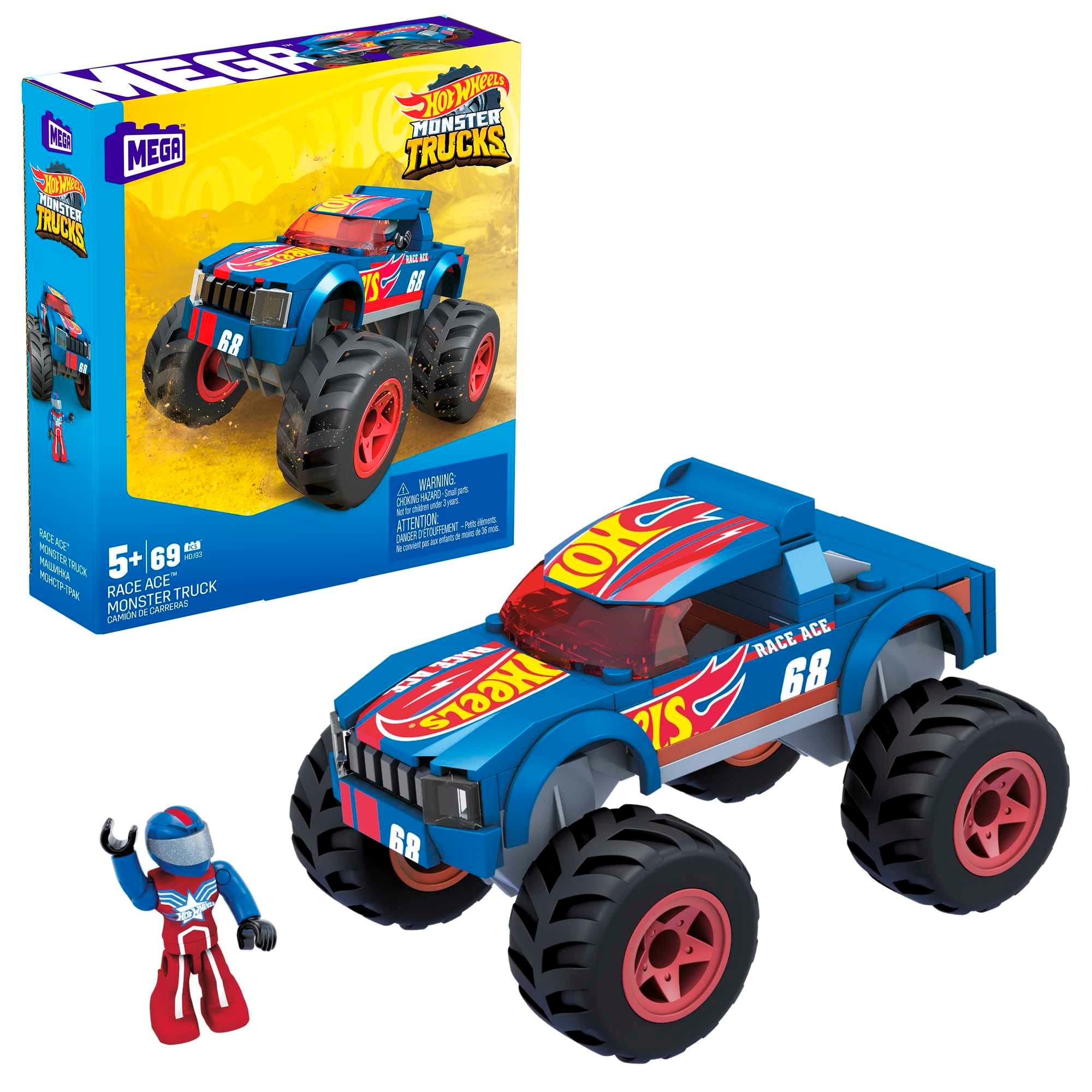 Mega Hot Wheels Race Ace Monster Truck building set building set toy car with micro figure driver, 69 pieces, gift set for boys and girls ages 5 and up -