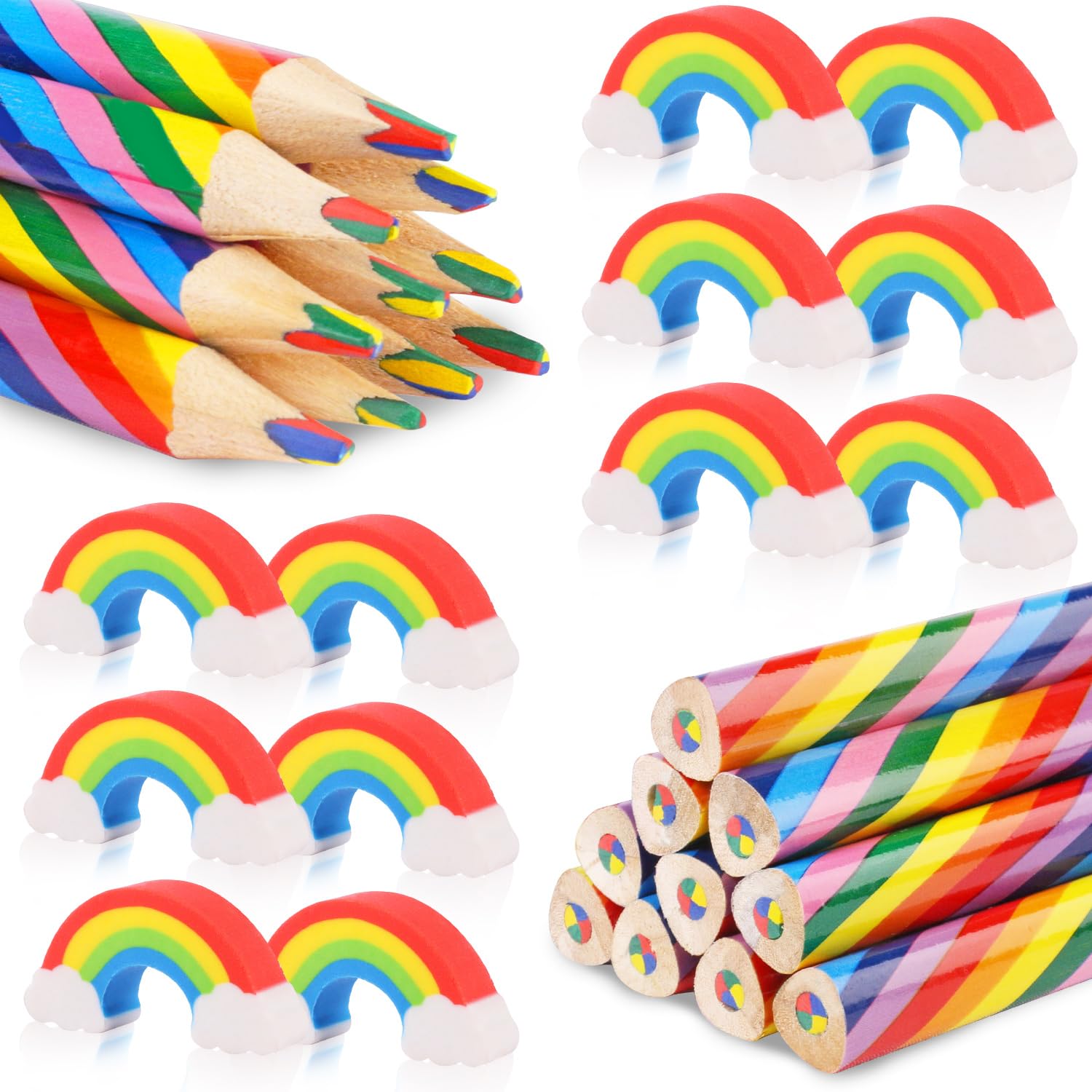 Fzyisw 24Pcs Rainbow Coloured Pencils Set With Eraser, 4 in 1 Pencils for Kids, Wooden Colouring Pencils for Art Drawing Doodling, Gifts for Kids, Mehrfarbig