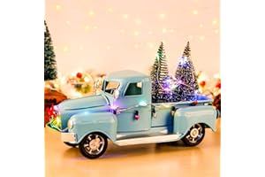 AerWo Farmhouse Vintage Blue Metal Truck Decor with LED String Lights, Mini Christmas Trees and Ornaments - Perfect for Table Top and Christmas Decorations