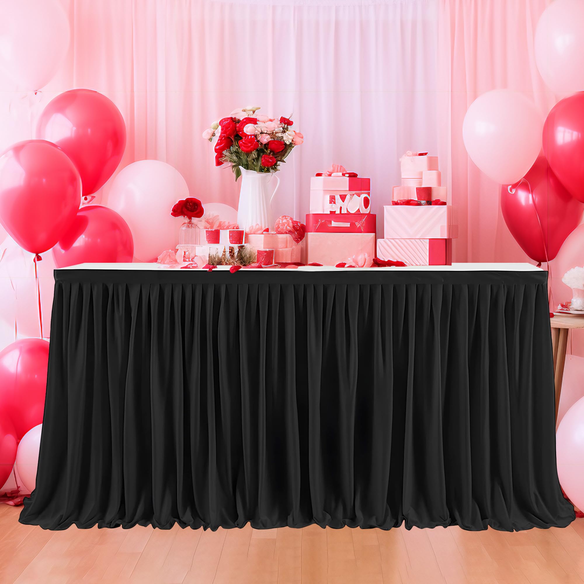 Trimming Shop Table Skirt, 17 Feet Pleated Rectangle Polyester Table Skirts for Table Decoration for Party, Wedding, Birthday, Baby Shower, Home Decoration, Banquet, Events (Black, 1 Piece)