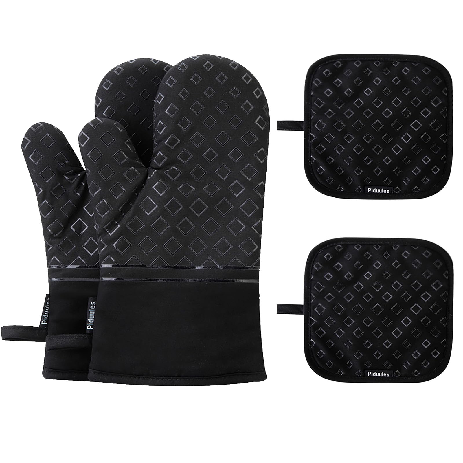 Piduules Set of 4 Oven Mitts and Pot Holders, 482 F Heat Resistant Hot Plate Moving Non-Slip Gloves for BBQ, Grill, Baking, Cooking, Oven, Microwave (Black)