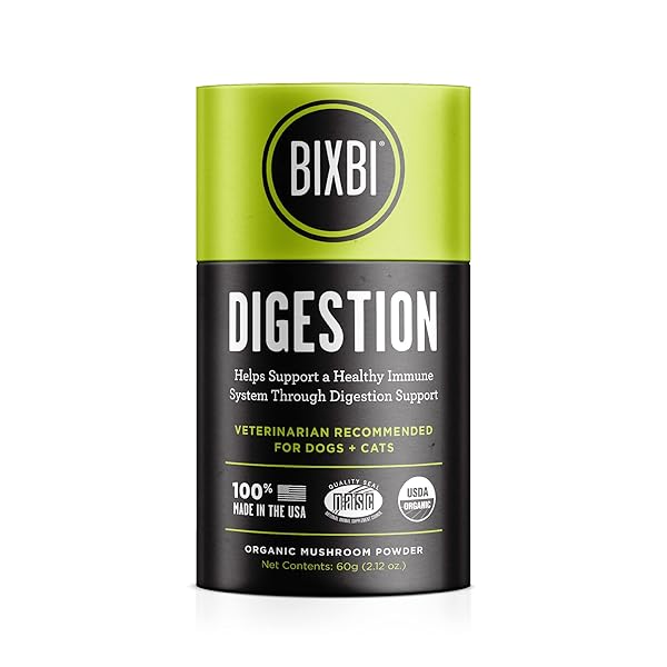 BIXBI DOG & CAT CLEAN DIGESTION SUPPORT, 2.12 OZ (60 G) – ALL NATURAL ORGANIC PET SUPERFOOD – DAILY MUSHROOM POWDER SUPPLEMENT – USA GROWN & USA MADE – VETERINARIAN RECOMMENDED FOR DOGS & CATS
