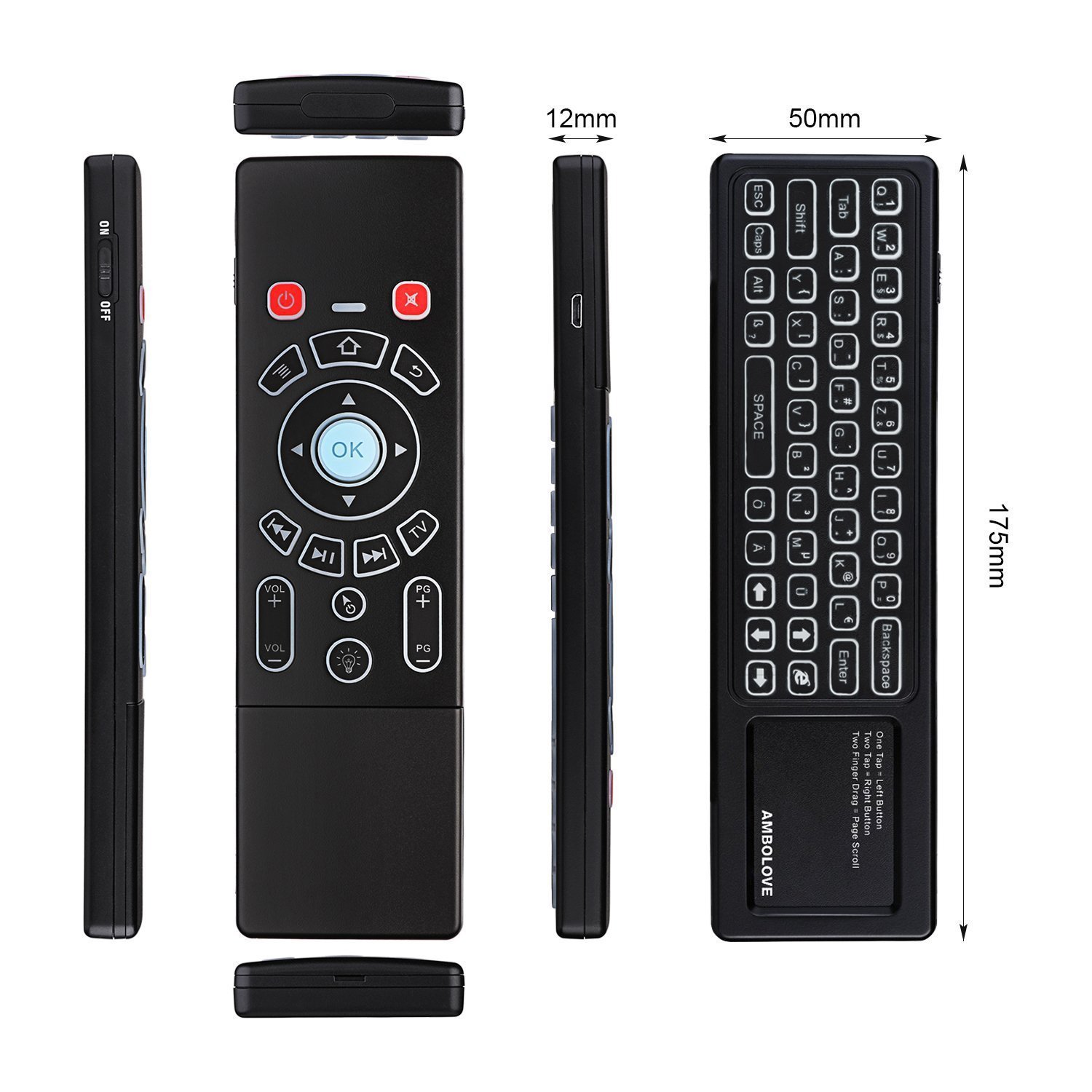 Airmaus Fernbedienung, AMBOLOVE Mini Tastatur kabellos Somatosensorisches Spiel Keyboard 2,4 G wiederaufladbare Air Mouse Combo mit Touchpad und 7 Farb-LED Backlits