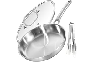 Bzayeat Chef's Frying Pan 12 Inch with Glass Lid, Tri-Ply Clad Stainless Steel Skillet, Induction Compatible Sauté Pan with E