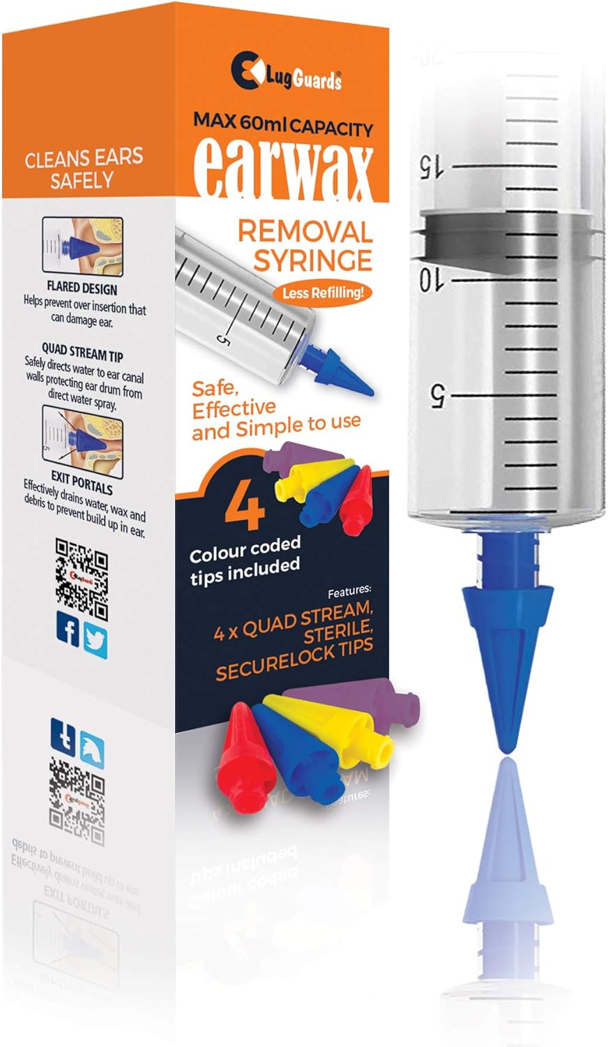 LUGGUARDS® 60ml Quad Stream Ear Wax Removal Syringe with 4 STERILE