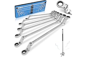 DISEN Double Jointed Extra Long Flex Head Ratchet Wrench Set, 6 PCS Metric 8-19mm Box End Ratcheting Wrench with a Magnetic P