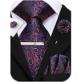 Hi-Tie Black Red Blue Jacquard Neckties for Men Classic Woven Tie and Pocket Square Lapel Pin Silver Tie Clip Cufflinks Set Wedding Business 6PCS
