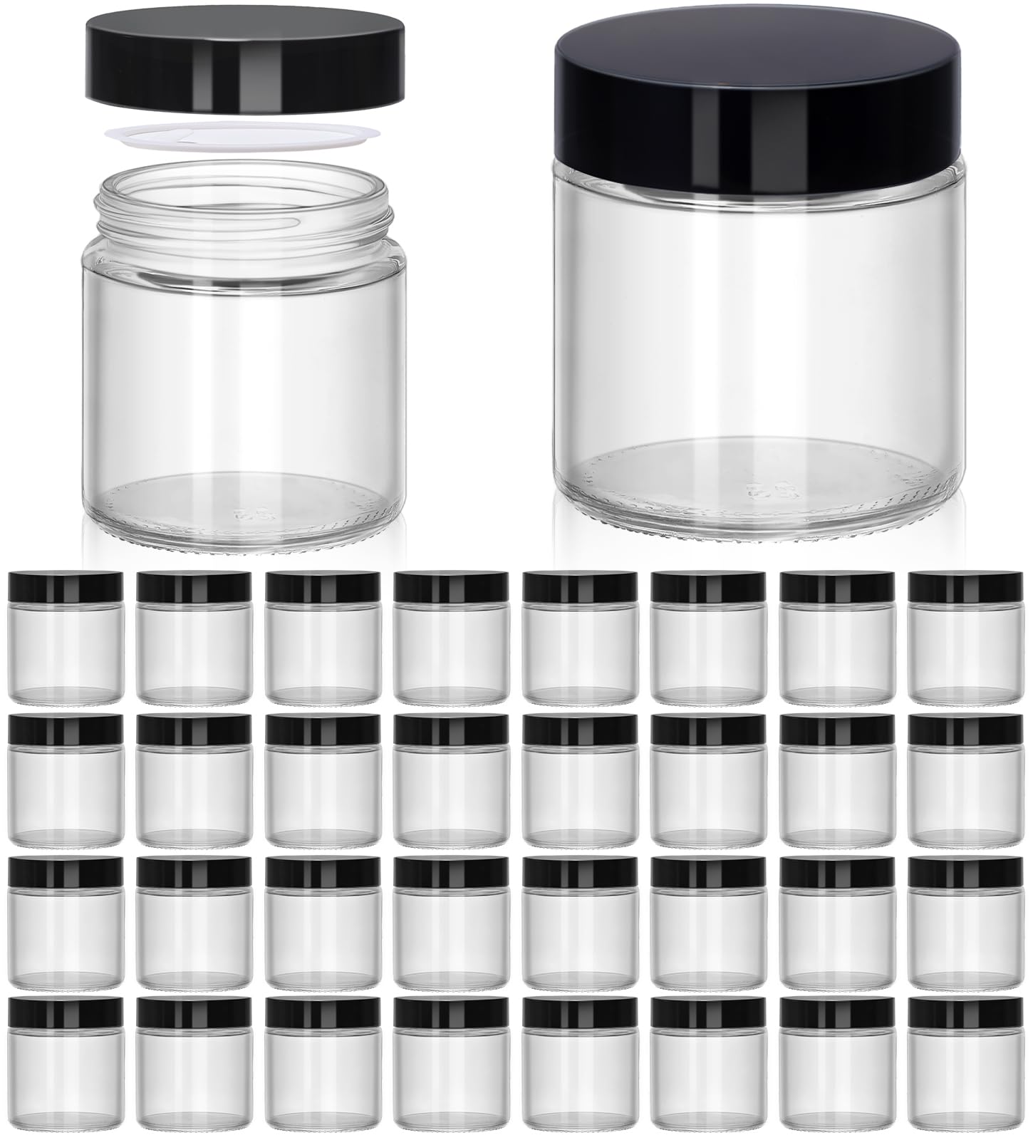 Photo 1 of UPBUD 4 oz Clear Glass Jars with Lids - 32 Pack Leakproof Cosmetic Containers with Inner Liners, Wide-Round Smooth Mouth, Sealable for Creams, Lotions, Essential Oils, Body Butter, Travel Samples