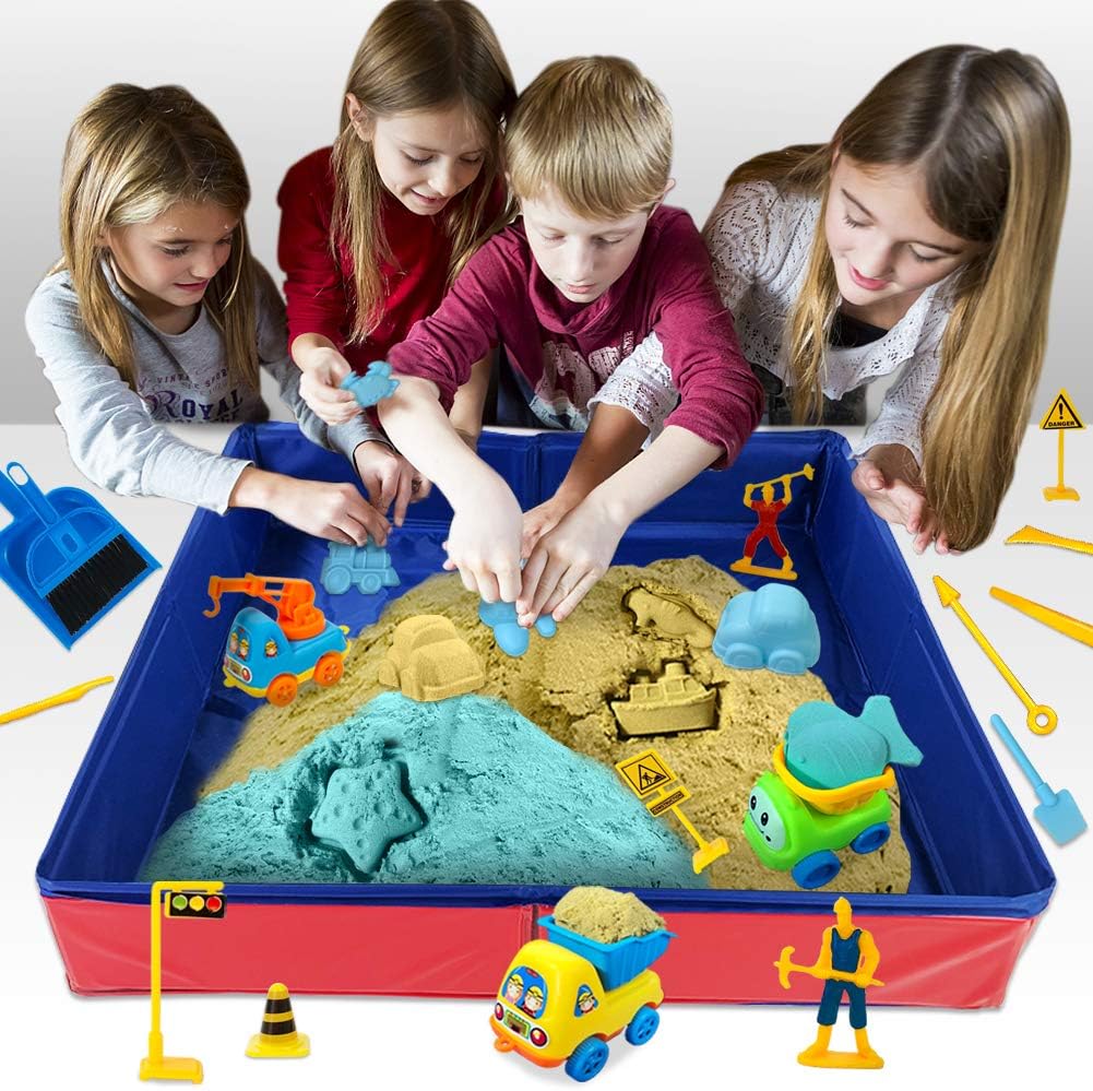 Play Construction Sand Kit - 3lbs Sand with 2 Colors, 6 Mini Construction Trucks, Construction Toys and Signs, Animal Mold, Modeling Tools, Foldable Sandbox with Clean Set Gifts for Boys Girls: Toys & Games