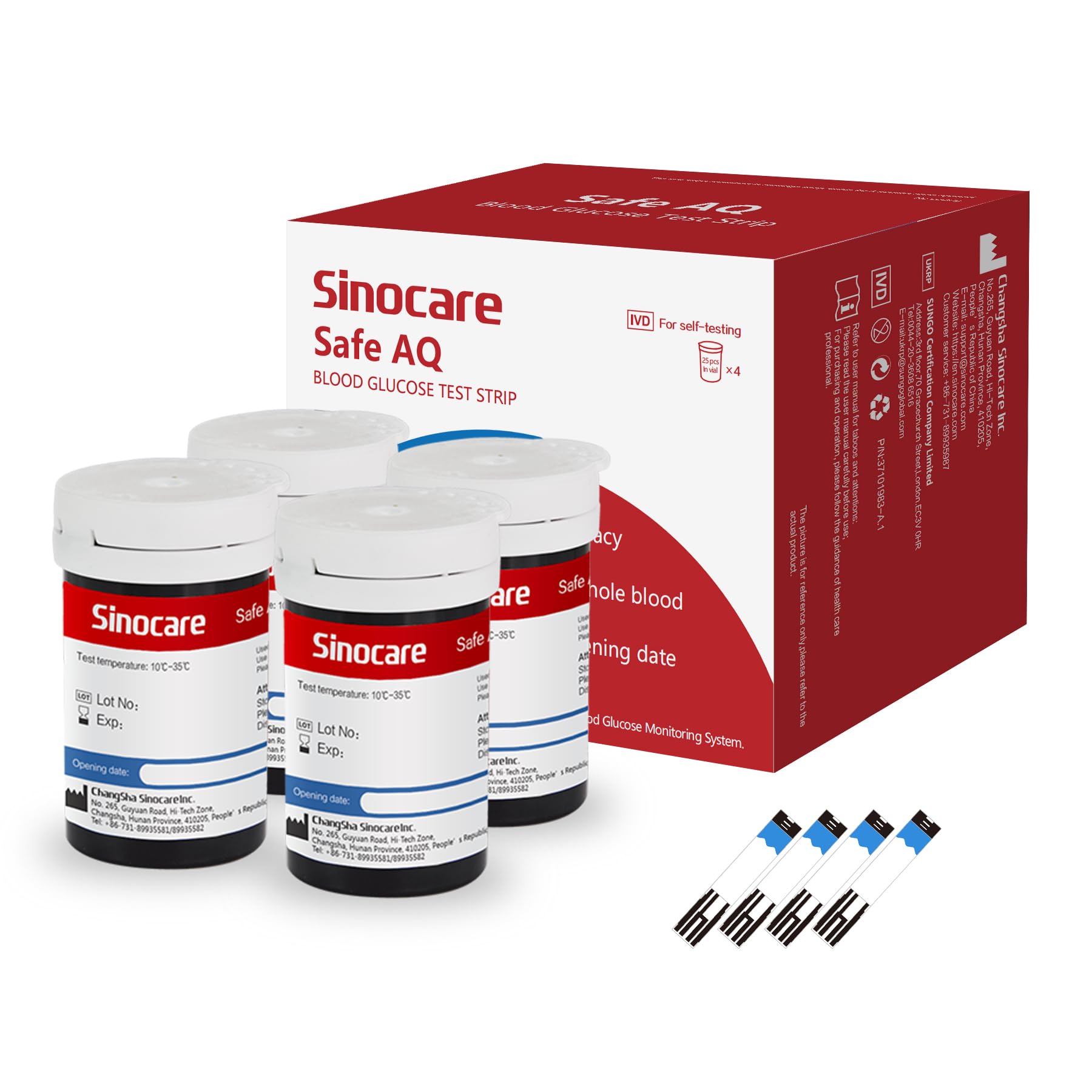 Sinocare Safe AQ Blood Sugar Test Strips, 100pcs Diabetes Test Strips for Safe AQ Smart/Voice Glucometer, Comes with 100pcs Strips, 4 Vials, 25pcs / Vial, NO GLUCOMETER&LANS.
