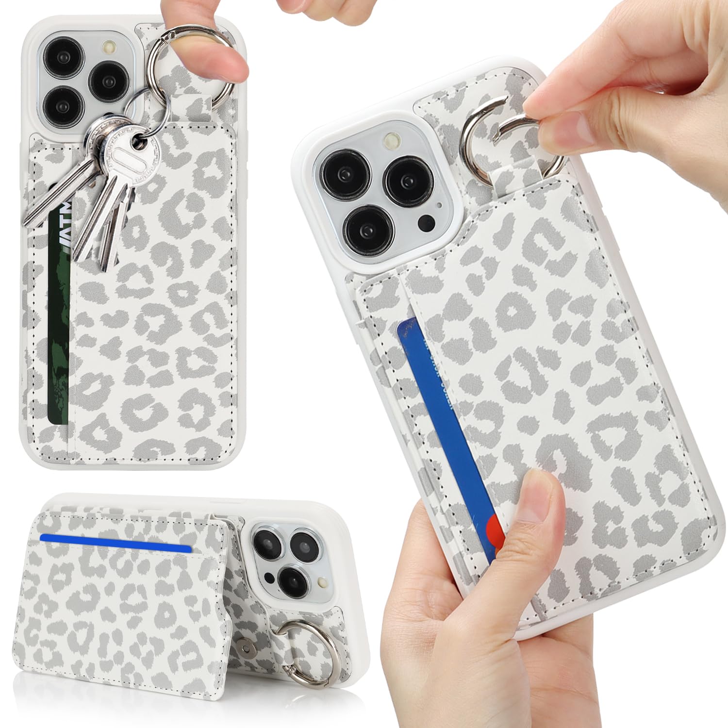 Photo 1 of ?????? for iPhone 16 Pro Max case Wallet with Card Holder for Women Men Shockproof Phone case with Keychain Ring Stand Leather Credit Card Slots-White Leopard Print