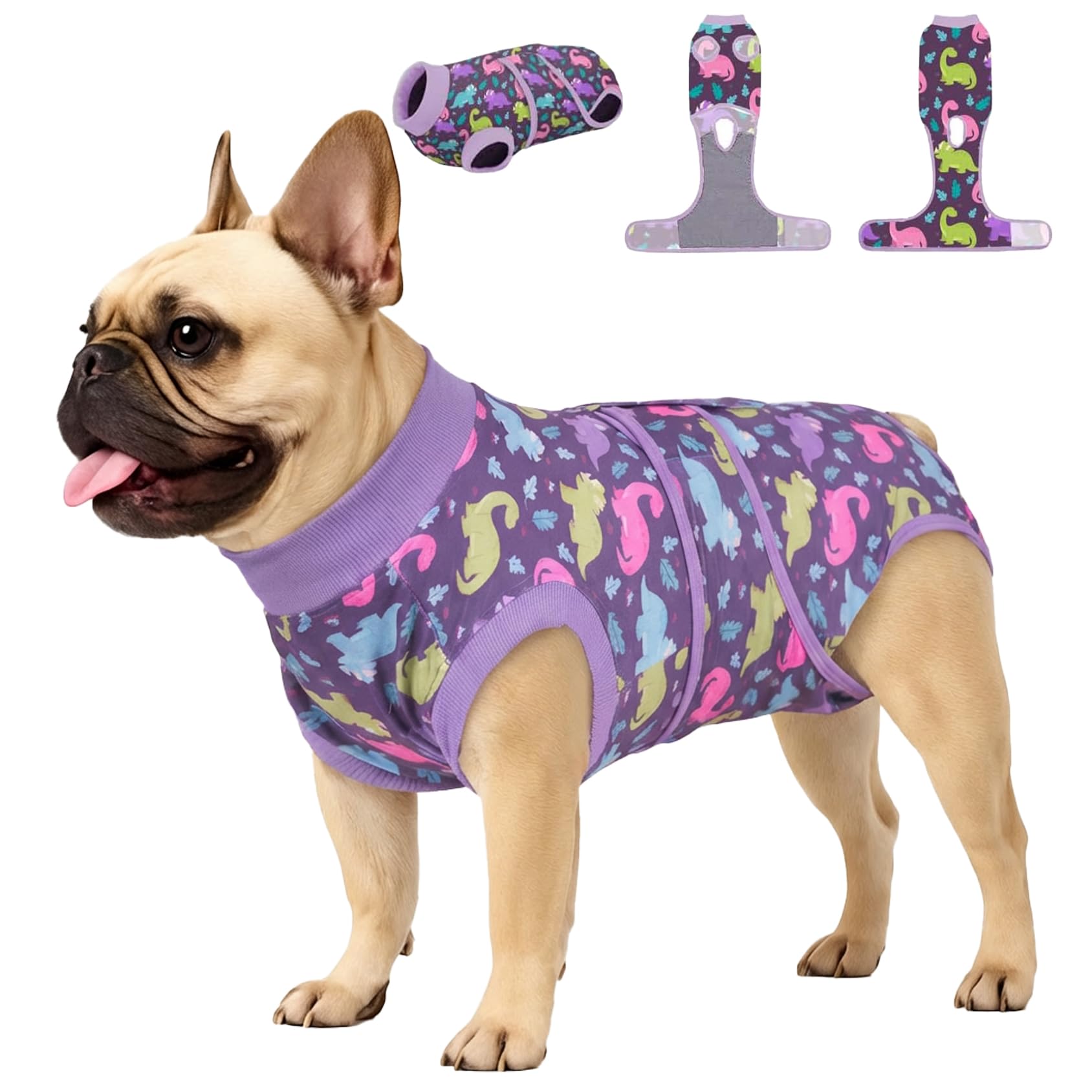 PetWarm Dog Post Surgery Suit Female Spay, Pet Recovery Suit for Dogs, Onesies for Dogs, Substitute E-Collar and Cone, Anti-Licking Dog Onesie for Surgery Female, Dinosaur Pattern, Purple, XS — image 1