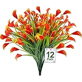 TURNMEON 12 Bundles Calla Lily (240 Heads) Artificial Flowers for Outdoors, Fake Plants UV Resistant Faux Plastic Fake Flowers for Indoor Home Porch Yards Summer Cemetery Spring Decor(Orange Red)