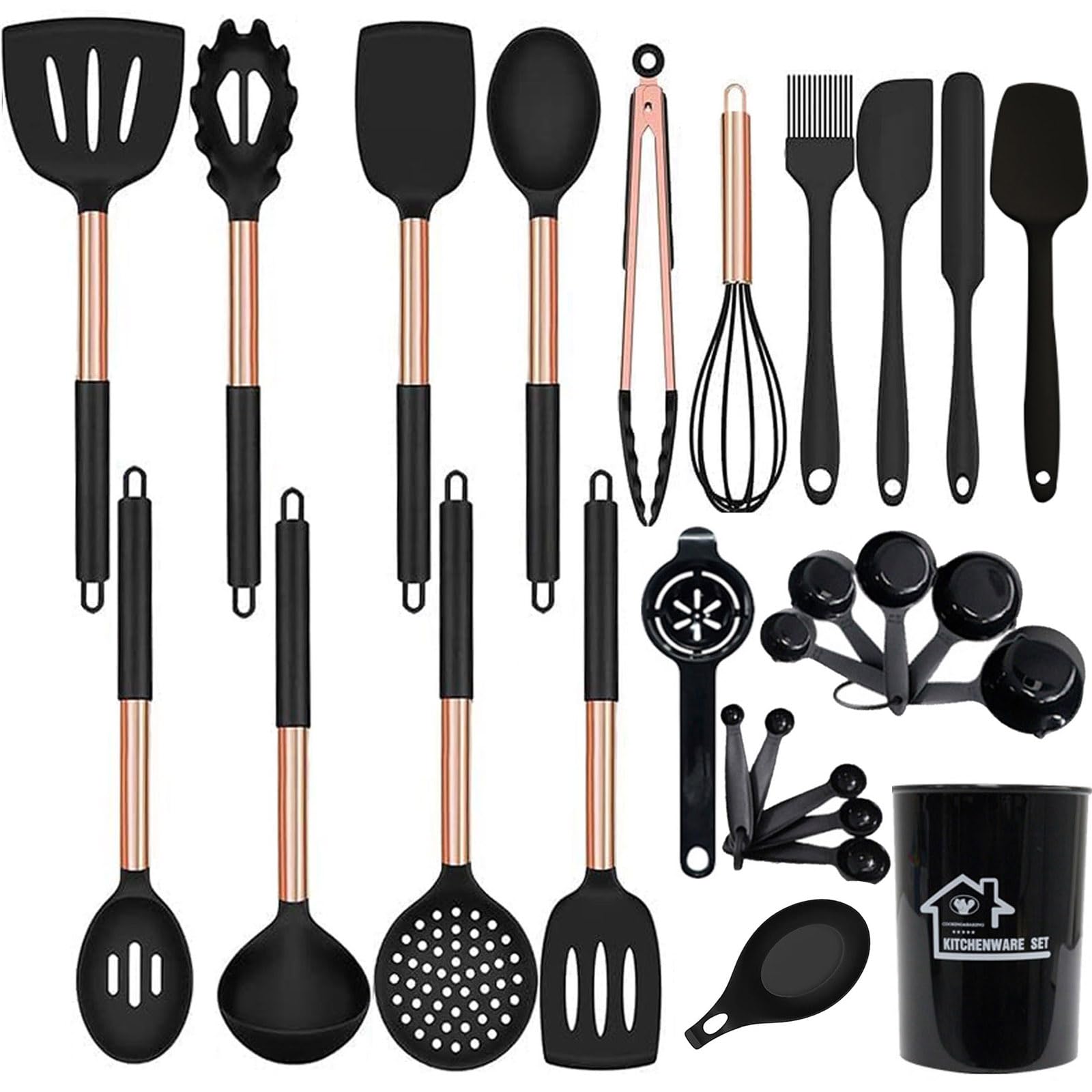 UXIYI Kitchen Utensils Set, Silicone Cooking Utensils, 27Pcs Spatula Set with Rose Gold Stainless Steel Handle,Black
