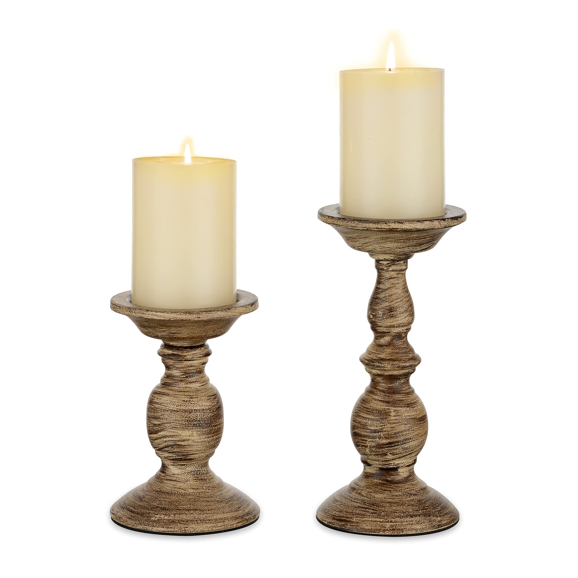 Sziqiqi 2Pcs Vintage Pillar Candle Holders Set, Distressed Metal Candlestick Holder Shabby Chic Candle Stand Table Candleholder Centrepiece Ornaments for Living Room Coffee Dining Mantelpiece Decor
